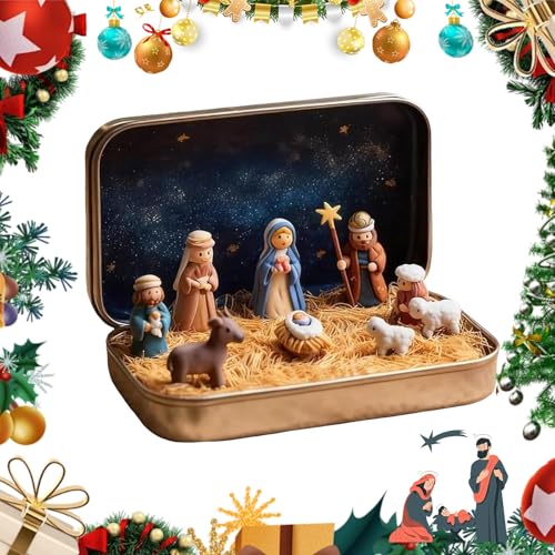 Mini Christmas Nativity Set in a Tin Box Portable Mini Nativity Set with Resin Nativity Sets & Figures Pocket-Size Holy Family Scene for Home Dcor or Travel (1PC)