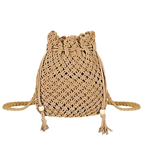 Bolso Bandolera de Playa de Verano Pequeño, Mujer Estilo Bohemio Bolso de Hombro de Paja de Cuerda de Crochet Hecho a mano Algodón para Viajes Vacaciones, Marrón