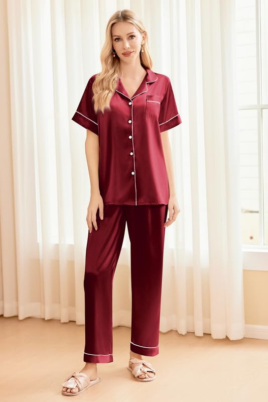 Image of Ekouaer Silk Pajamas for Women Set Satin Soft Short Sleeve Button Down Pjs