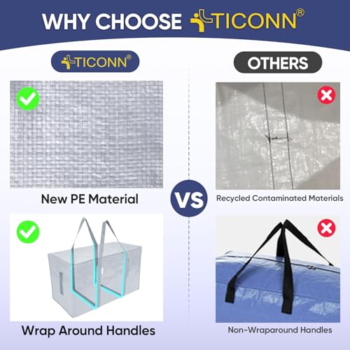 Image of TICONN 8 Pack Extra Large Moving Bags Heavy Duty with Zippers & Carrying Handles, Durable Storage Bags Moving Boxes for Closet Organizers and Storage (8 Pack, Light Grey)