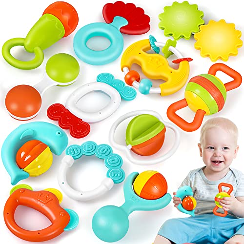 Image of JEMSHE Baby Toys for 0-3-6-8-12 Months Infant Rattles Teething Set-12pcs Colorful Newborn Early Educational Sensory Toys-Enlightenment Toys for Infant Baby Boy Girl