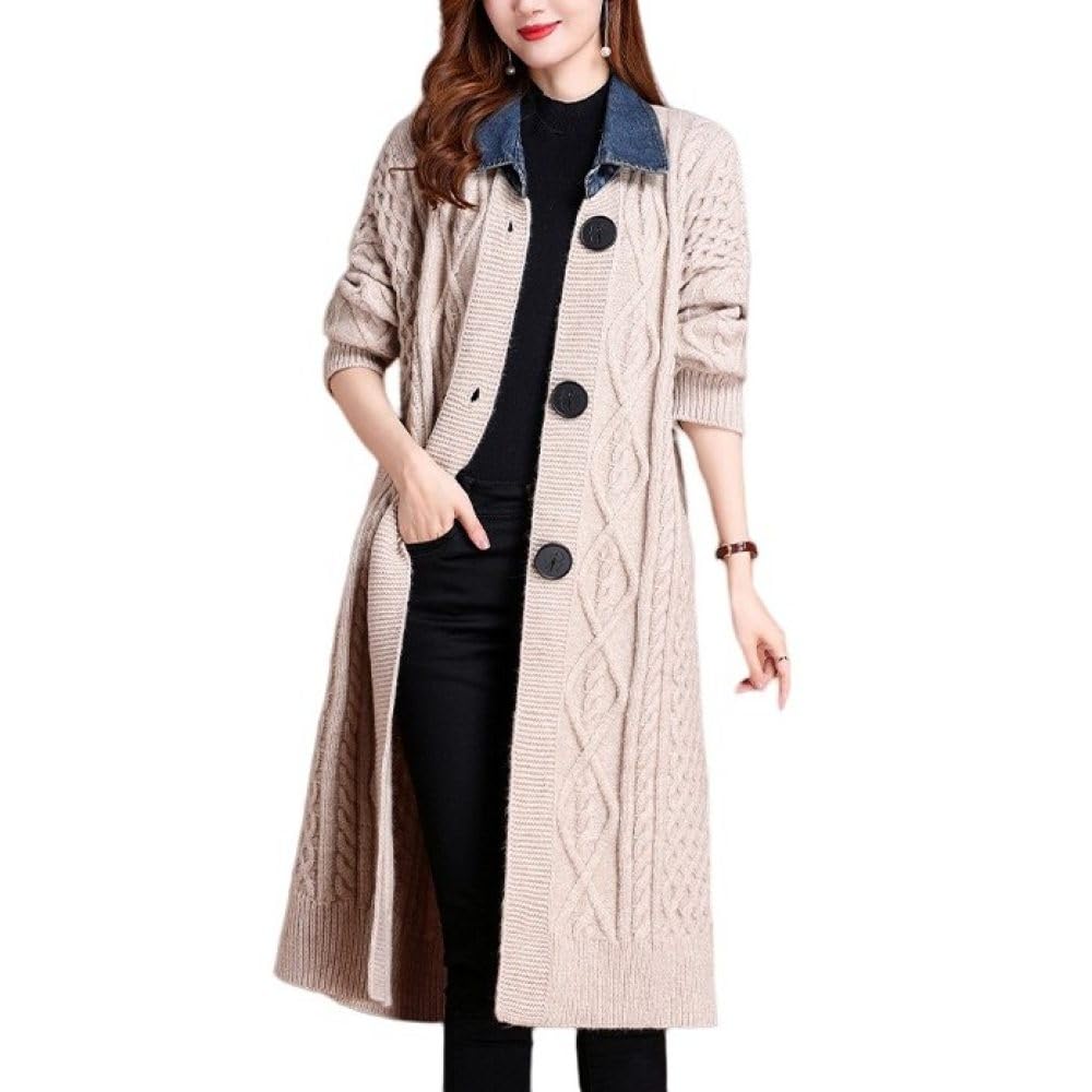 Cárdigans Largos Para Mujer,Cárdigan De Punto Grueso Con Cable Botones Delanteros Abiertos Señoras Empalme Denim Solapa Suéter Abrigo Otoño Invierno Chaqueta De Punto Cálida Suéter Prendas De