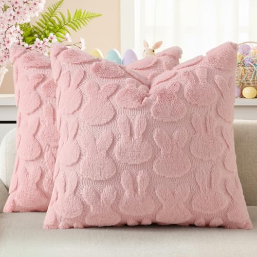 Image of decorUhome Easter Bunny Pillow Covers 20x20 Inch Set of 2, Soft Plush Faux Wool Jacquard Pink Rabbit Cushion Covers, Farmhouse Neutral Spring Easter Holiday Decor for Couch Sofa Bed