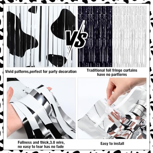 Image of WovWeave 2 Pcs Cow Party Decorations 3.3 x 6.6 ft Black and White Cow Farm Foil Fringe Curtains Backdrop Tinsel Streamers for Photo Booth Farm Birthday Disco Cowgirl Rodeo Party Decor Supplies