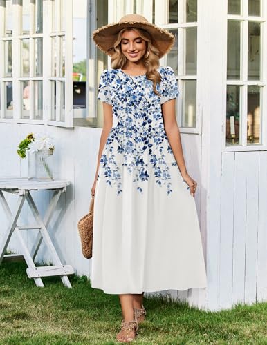 Image of Zeagoo Summer Dresses for Women 2026 Maxi Bohemian Floral Short Sleeve Long Dress Casual Flowy Tired Beach Sundress