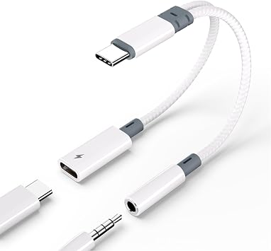 Subynanal USB c to 3.5mm Headphone and Charger Adapter,2 in-1 USB C PD 3.0 Charging Port to Aux Audio Jack and Fast Charging Dongle Cable Cord for iPhone 17 Iphone16, iPhone 15, Galaxy White