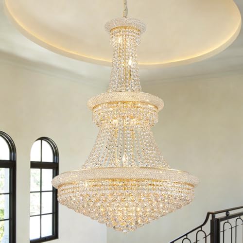 DUNFIZZ 19-Lights High Ceiling Chandelier Modern Gold Crystal Chandeliers Large Foyer Chandelier Fixtures for Staircase Living Room Hallway Entryway (H47 x W31.5)