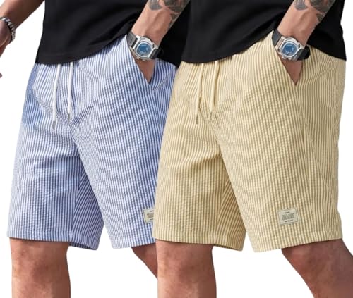 Image of Men's Cotton Casual Shorts |Striped Half Pants for Men |Comfortable | Elastic Waist with Drawstring | Lightweight & Comfortable for Beach Vacations, Casual Daily Outings & Sleepwear Bermuda Shorts