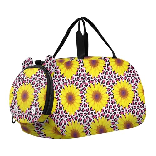 Sunflower Leopard Pink Kids Travel Duffel Bag for Boys Girls Overnight Weekend Tote Bag with Shoes Compartment for Beach Swim Trip