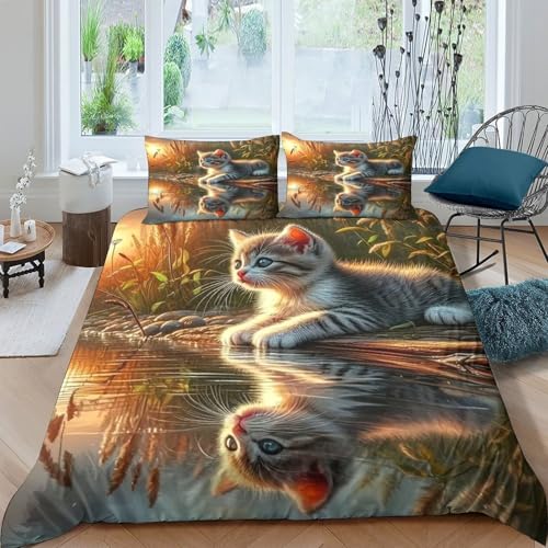 Parure de lit chat 3D 200x200cm en microfibres douce avec 2 taies d'oreiller
