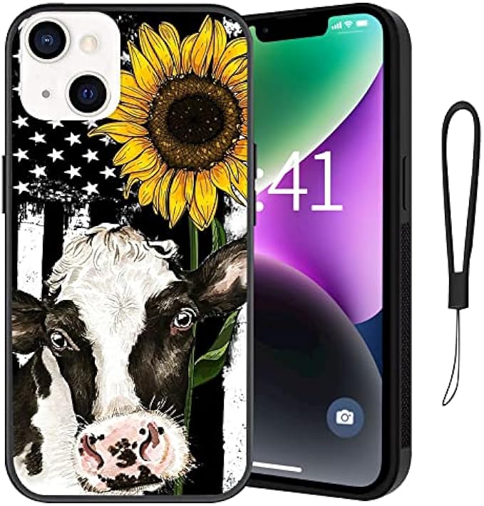 Aesthetic Cute Pattern Compatible with iPhone 14 Plus Case 6.7 inch,American Flag Cow Sunflower Designed for iPhone 14 Plus Case,Silicone Lanyard Anti-Scratch TPU Slim Soft Cover (The USA Flag Cow)