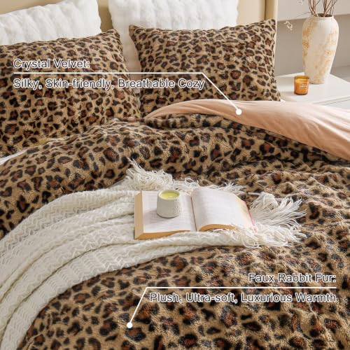 Image of EMME Fluffly Faux Rabbit Fur Bubble Comforter Set Queen, Leopard Print