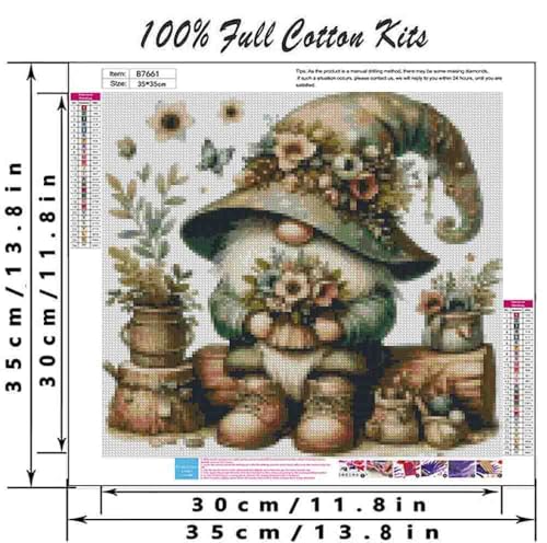 Image of Gnome Stamped Cross Stitch Kits for Adults Beginner,Flower Counted Cross Stitch Kits Printed Stitching Cute Patterns Dimensions Needlepoint Art Crafts Embroidery Kits for Adults Beginners
