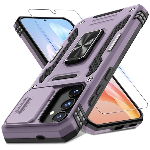 DEERLAMN Case for Samsung Galaxy S24 6.2-Inch with Slide Camera Cover+Screen Protector(1 Pack), Rotated Ring Kickstand Military Grade Shockproof Protective Cover-Deep Purple