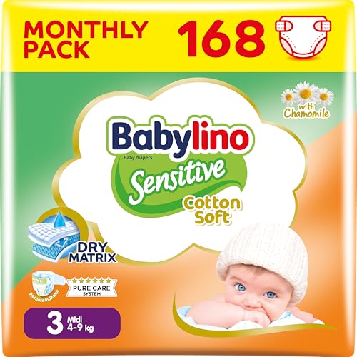 Babylino Sensitive Cotton Soft, Pañales Bebé Talla 3, Midi (4-9 kg), 168 Pañales