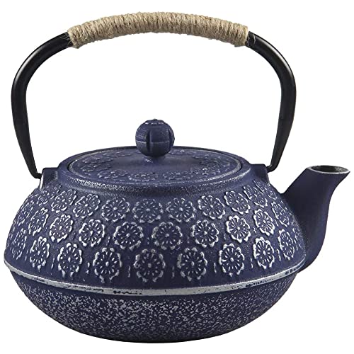 Teiera in ghisa, stile giapponese, tetsubin, bollitore da tè con infusore rimovibile in acciaio inossidabile, teiere in ferro blu per caffè, bustine di tè, tè sfuso, motivo floreale, 1000 ml