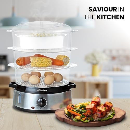 Schallen Premium Healthy Eating Electric Food Steamer Machine Large 9L Capacity 3 Tier Rice Meat Vegetable Food Steaming Cooker | Stainless Steel Silver & Black | 60 Minute Timer - Image 3