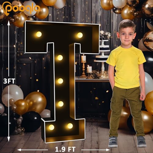 Image of Pooqla 3FT Marquee Light Up Letters, Black Large Letter T Party Decorations | LED Marquee Letters 3 Feet Tall, Black Giant Mosaic Letters Gift for Boys Men Birthday Anniversary Wedding Decoration