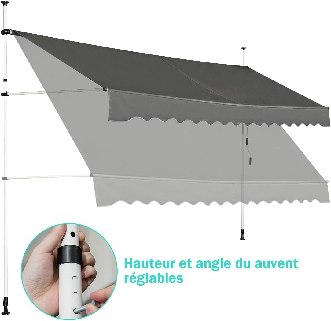 RELAX4LIFE Store Banne Manuel sans Perçage, Auvent Balcon Rétractable avec Manivelle, Tissu Oxford Anti-UV Imperméable, Hauteur Réglable 2-3 M, Store Banne pour Porte Fenêtre (Gris, 400 X 125 cm)