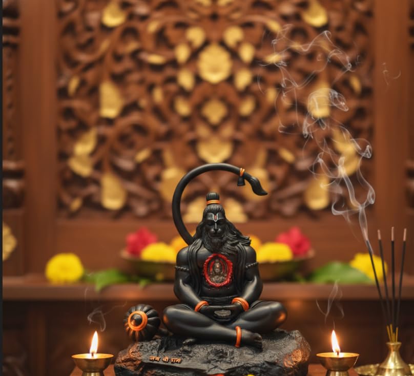 Image of POOMEE Resin Hanuman Idol Lord Hanuman Statue Black Resin Hanuman Murti for Home Mandir Pooja Room Decorative Spiritual Figurine Small 10cm Handcrafted Ram Bhakt Hanuman Gift Item