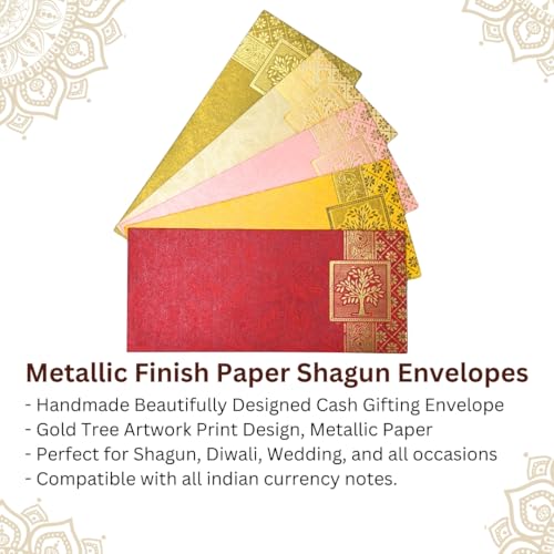 Image of Pack of 100, Rectangle Shape Metallic Paper Shagun Envelopes for Gifting Sagan Lifafa Wedding Occasion Cash Money, 18 X 8 cm, Multicolored 5 Colours of 20 Each - Gold Tree Design