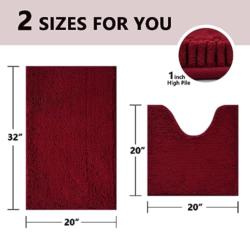 Image of BOANKODU Bath Mat Set, 2 Piece - Soft Chenille, Non-Slip, 32x20 Inch + 20x20 Inch U Shape, Machine Washable (Burgundy)