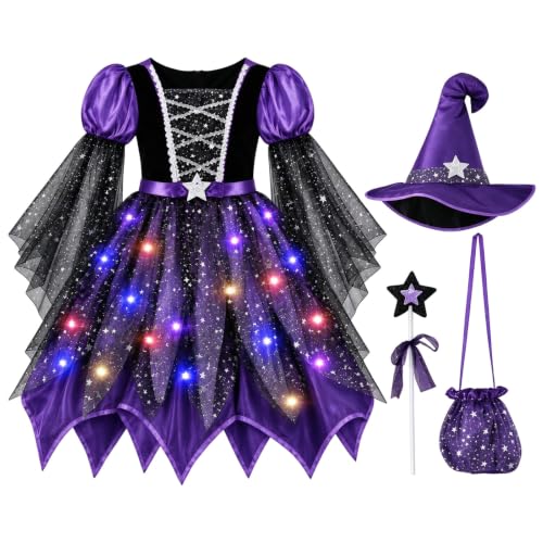 Girls Light Up Witch Costume Halloween Cosplay Dress With Hat Wand Bag - image 4