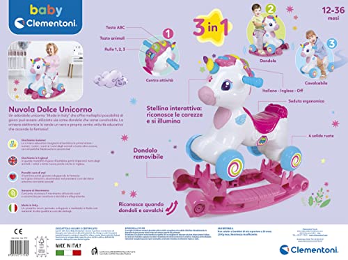 Clementoni - Cloud Sweet Unicorn-Ride On Educational, Speaking in Italian and English 3 in 1 (ridable, Activity Center, Ring), First Steps, Toy 1 Year-Made in Italy, 8005125177530