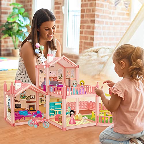 Image of deAO Dollhouse with Furniture and Accessories, Dollhouse with 2 Floors, 3 Bedrooms, Balcony, 3 Dolls, 17 Furniture, Bicycles, Gift for Girls for 3 4 5 6 7 8 Years