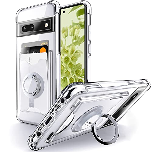 Shields Up for Pixel 6 Case Minimalist Wallet Case with Card Holder [3 Cards] & Ring Kickstand/Stand [Drop Protection] Slim Protective Cover for Google Pixel 6 - Clear