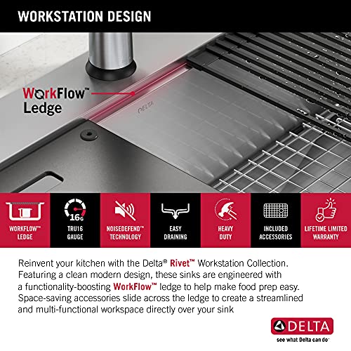 DELTA FAUCET Rivet 30-Inch Workstation Kitchen Sink Drop-In Top Mount 16 Gauge Stainless Steel Single Bowl with WorkFlow Ledge and Chef’s Kit of 5 Accessories, 95A931-30S-SS - image 5