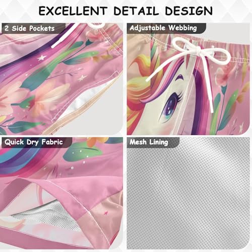 Pigsaly Boys' Swim Board Shorts Unicorn Pink Flowers Leaves Boy's Swim Trunks Kids Swimwear M3
