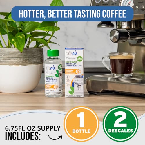 Image of Breville Compatible Descaling Solution. 2 Bottles of Breville Descaler Solution. Breville Descaling Kit Removes Limescale For Hotter Coffee. 4 Uses Descaler For Breville Coffee Machines.