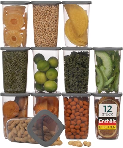 uandu Vorratsdosen mit Deckel luftdicht – 12er Vorratsbehälter Set BPA Frei, Aufbewahrungsdosen Küche für Müsli, Mehl & Zucker, Mit Etiketten