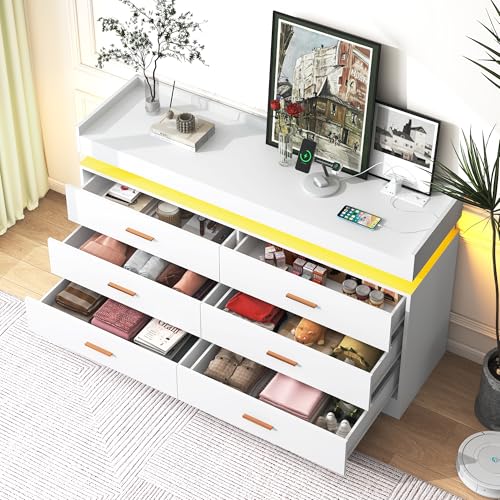 Image of jiteentarou 6 Drawer Dresser with Charging Station and LED Lights, Modern Chest of Drawers with Power Outlet, Organizer Cabinet for Bedroom, Living Room, White