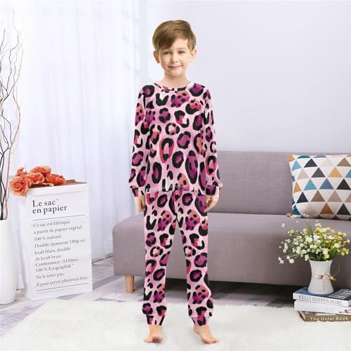 Pink Leopard Print Pattern Soft Pajama Set for All Seasons,Breathable Pjs Long Sleeve Sleepwear,Comfy Loungewear 2 Piece Underwear Set 4T4