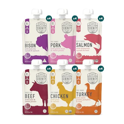 Serenity Kids 6+ Months Power Protein Pack - 24 Count 3.5 Oz - No Added Sugar Meat Snacks Toddler Food - Portable Baby Travel Essential