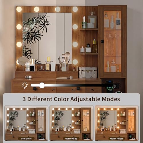 Image of Vanity Desk with Mirror and Lights, Walnut Makeup Vanity with 5 Drawers Hidden Jewelry Organizer& LED Glass Cabinet,3 Light Mode and Brightness Adjusted,Vanities Mirror with Lights Desk and Chair