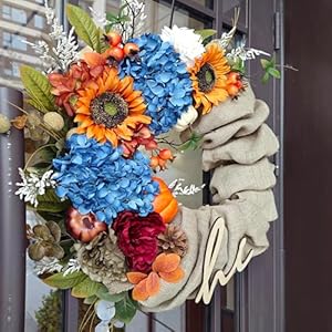 Fall Wreaths for Front Door with Burlap and Blue Hydrangeas - 22-inch Rustic Autumn Wreath Featuring Sunflowers, Pumpkins - Perfect for Front Door and Harvest Decor Fall Wreaths for Front Door with Burlap and Blue Hydrangeas 22 inch Rustic Autumn Wreath Featuring Sunflowers Pumpkins Perfect for Front Door and Harvest Decor