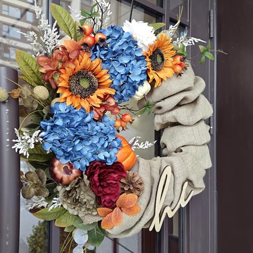 Fall-Wreaths-for-Front-Door-with-Burlap-and-Blue-Hydrangeas-22-inch-Rustic-Autumn-Wreath-Featuring-Sunflowers-Pumpkins-Perfect-for-Front-Door-and-Harvest-Decor Fall Wreaths for Front Door with Burlap and Blue Hydrangeas 22 inch Rustic Autumn Wreath Featuring Sunflowers Pumpkins Perfect for Front Door and Harvest Decor