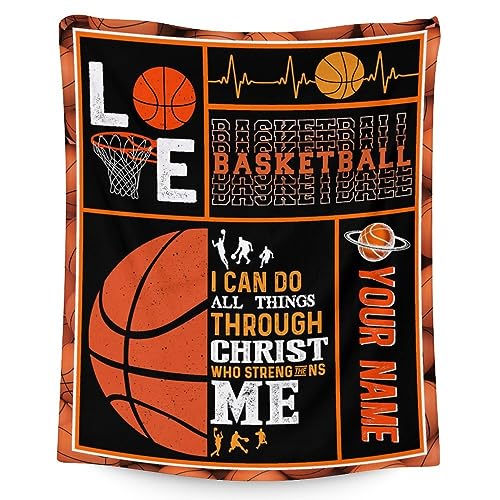 Personalized Basketball Gifts for Boys 8-12, 50x40 Inches Small Blanket for Basketball Players - Vintage Ball Stuff Accessories Throw Blanket for Couch, Sofa - Soft, Cozy & Warm