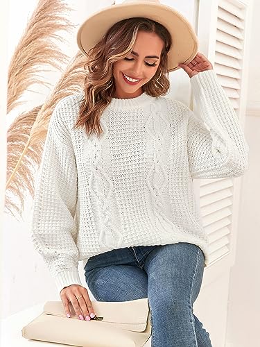 Image of ZAFUL Womens Sweater Cable Knit Oversized Sweaters Crewneck Long Sleeves Casual Knit Pullover Tops