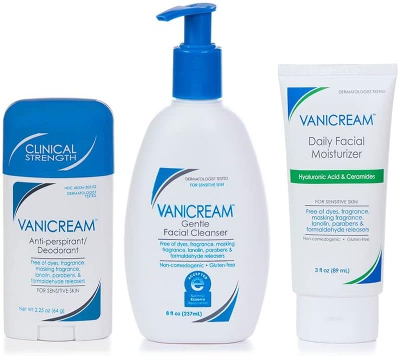 Anti-Perspirant Deodorant (2.25 Oz), Gentle Facial Cleanser with Pump Dispenser (8 Oz) & Facial Moisturizer With Hyaluronic Acid (3 Oz)