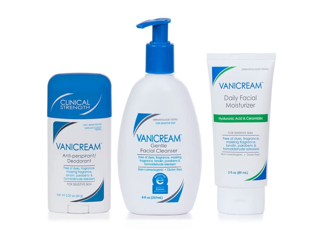 Vanicream Anti-Perspirant Deodorant (2.25 Oz), Gentle Facial Cleanser with Pump Dispenser (8 Oz) & Facial Moisturizer With Hyaluronic Acid (3 Oz)