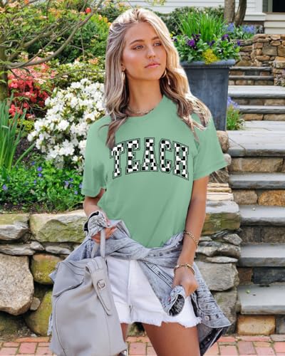 Teacher Shirts Women: Checkered Teach Printed T-Shirt Graphic Teaching Gifts Tees Casual Short Sleeve Tops4