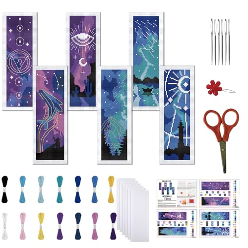Image of FREEBLOSS 6 Set Cross Stitch Bookmark Kit Starry Sky Theme Stamped Cross Stitch Kit 11CT Embroidery Kits with Instructions for Beginners Adult 20x6cm /8x2.4inch