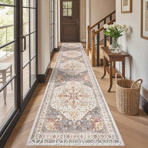 Tortania Area Rug 3x14 Runner Rugs - Washable Vintage Oriental Farmhouse Thin Indoor Carpet for Living Room Bedroom Hallway Entryway Kitchen Under Dining Table Home Office - Orange Multi
