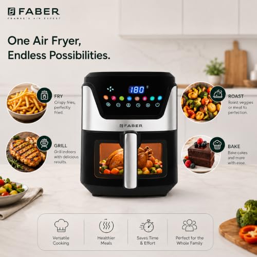 Image of Faber 6L 1500W Digital Air Fryer | Fry, Bake, Roast, Toast, Defrost, Grill & Reheat | 85% Less Oil, 360 Air Cooking|8-Preset Menu,LED Display&Touch Control, Non-Stick Pan,View Window|FAF 6.0L NEO BK
