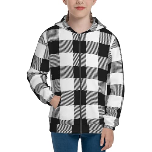 White And Black Plaid Pattern Kid Hoodies Boys Zip Up Sweatshirts Girls Pullover with Pocket3