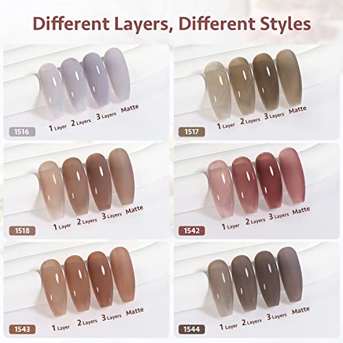 Image of GAOY Jelly Nude Nail Polish Set, 6 Transparent Colors Sheer Brown Grey Soak Off UV Light Cure Gel Polish Kit for Salon and Nail Art DIY at Home